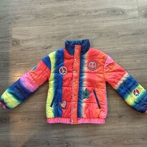 Hannah Banana Colorful Puffer Jacket with Peace and Smile Patches